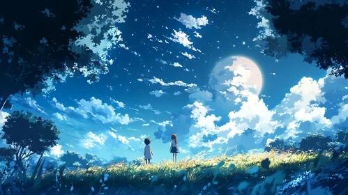 Dreamy Anime Landscape with Moon