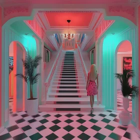 Pink Interior with Woman on Stairs