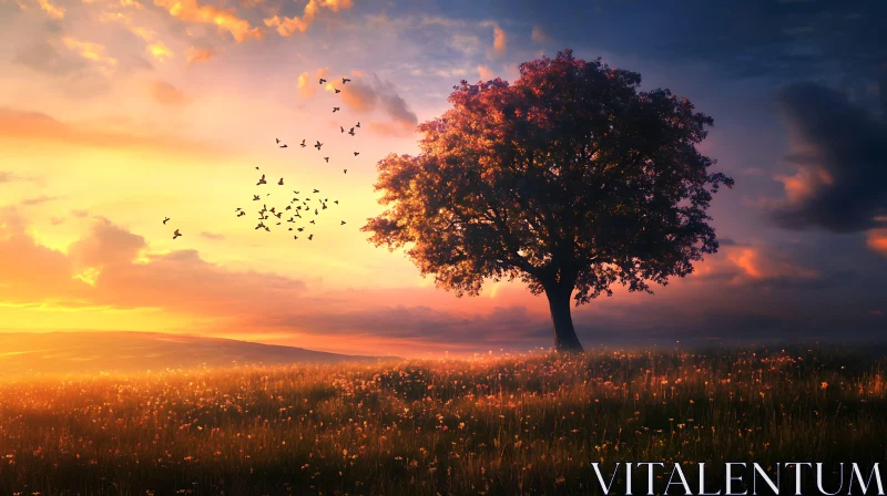Sunset Landscape with Tree and Birds