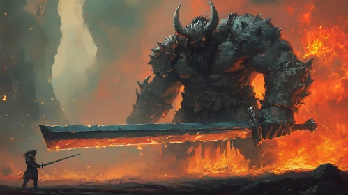 Fiery Showdown: Warrior Faces Colossal Monster
