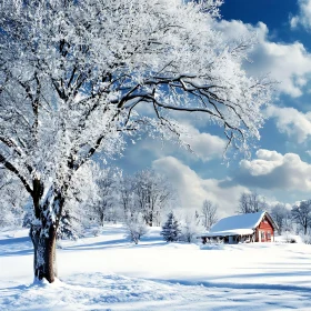 Snowy Winter Cabin with Frosty Trees