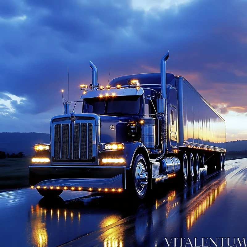 Big Rig on Wet Asphalt at Nightfall