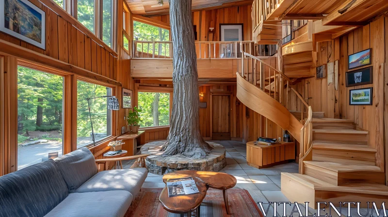 Wooden Interior with Integrated Tree AI Image