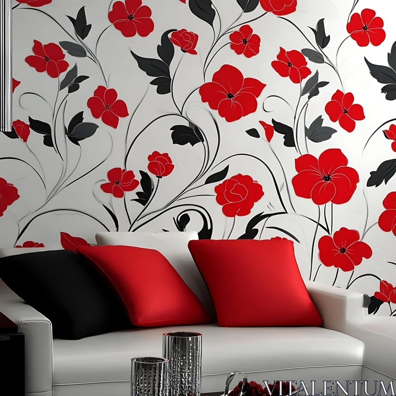 Red Floral Design on White Couch AI Image