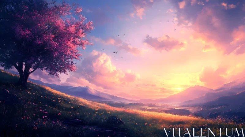 Hillside Sunset with Tree in Bloom