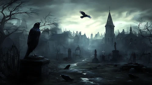 Ravens in a Spooky Cemetery