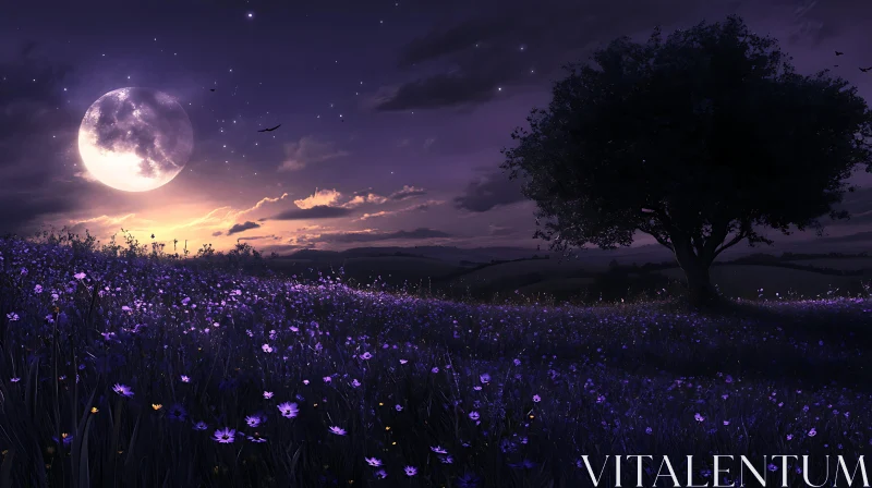 Mystical Night Blooming Field with Moon