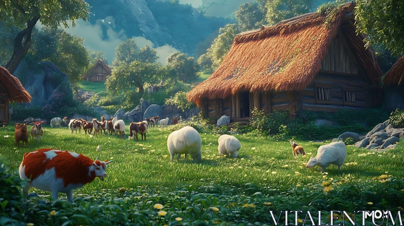 Peaceful Meadow with Cows and Rustic Homes