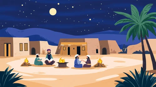 Starry Night Desert Village Campfire Scene