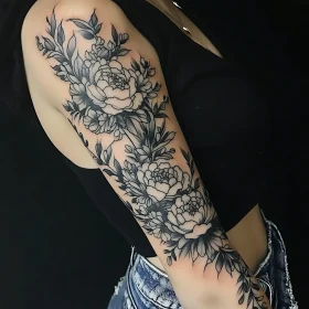 Exquisite Black and Gray Arm Tattoo of Flowers