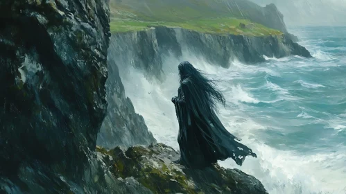 Dark Figure Overlooking a Stormy Ocean