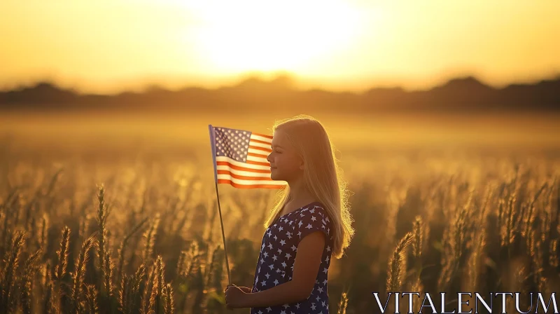 Sunset Scene with Girl and American Flag
