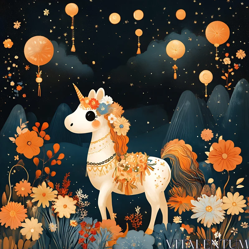 Enchanted Unicorn with Flowers and Lanterns