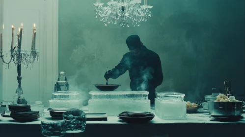 Mystical Culinary Scene with a Chef and Elegantly Lit Chandeliers