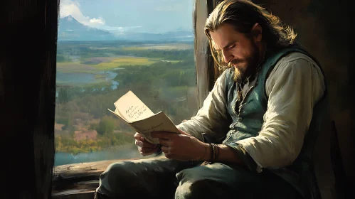 Man Reads Letter with Scenic View