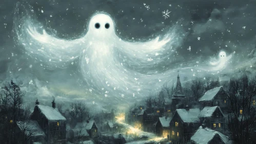 Snowy Village Scene with Ghostly Protector