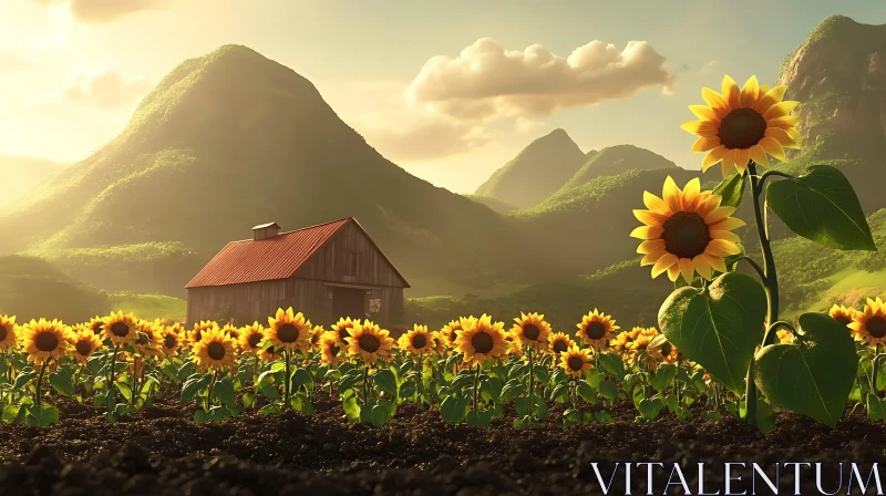Scenic Sunflower Landscape with Rustic Barn AI Image