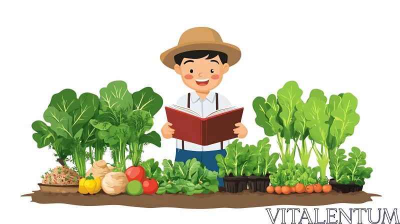 Illustration of Boy Gardening and Reading