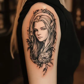 Grayscale Elven Portrait Tattoo