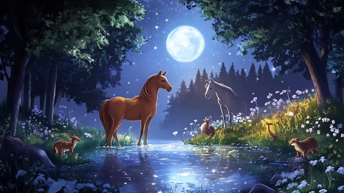 Nocturnal Equine and Deer Scene