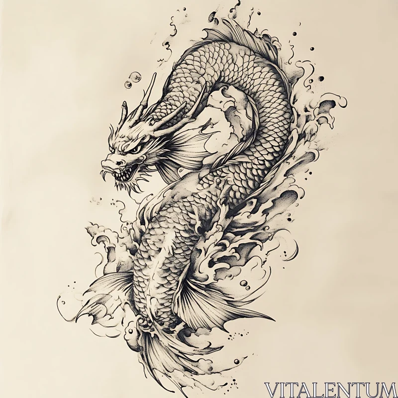 Black and Grey Dragon Drawing with Waves