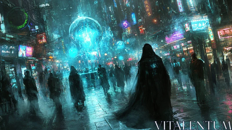 Futuristic Urban Scene with Cloaked Figures