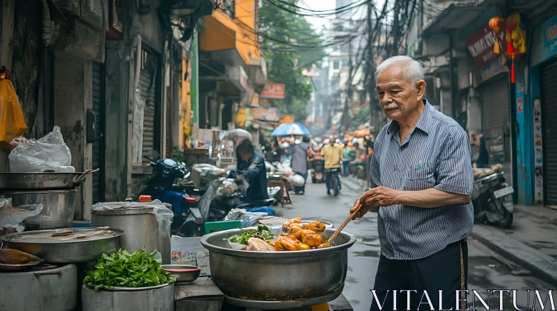 Elderly Street Vendor Cooking in Lively Market