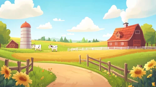 Picturesque Cartoon Farm Landscape