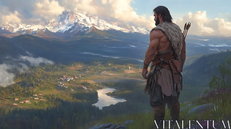Man Overlooking Mountain Village Landscape
