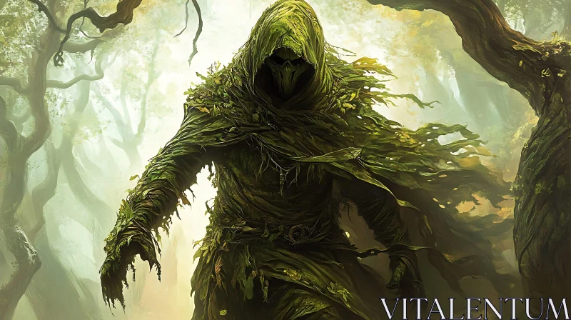 Leaf-Cloaked Figure in Misty Woods