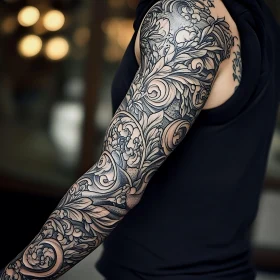 Detailed Black and Grey Floral Tattoo Sleeve