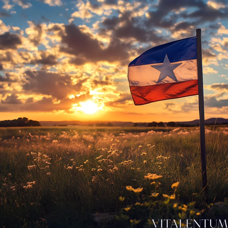 Sunset Field with Flag AI Image