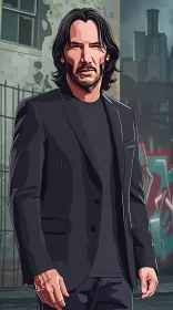 Keanu Reeves in a Black Suit with Graffiti