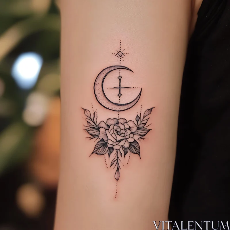 Crescent Moon with Floral Tattoo Art