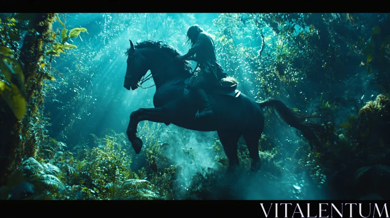 Ethereal Horseback Journey in Teal Forest