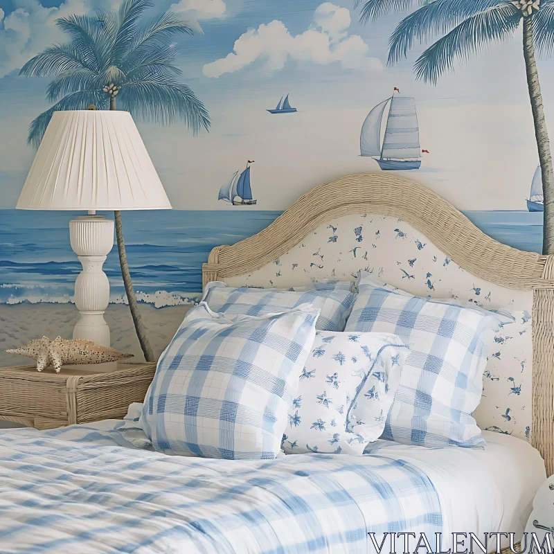 Beach-Themed Bedroom with Blue and White Bedding