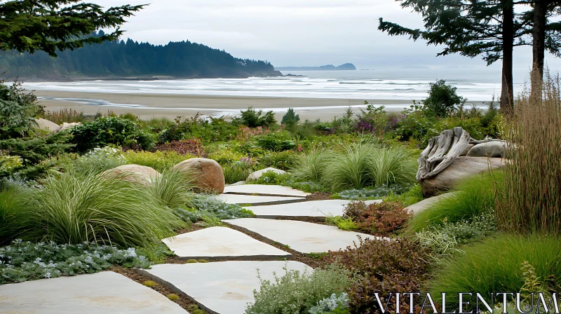 Serene Beachfront Garden with Stone Pathway