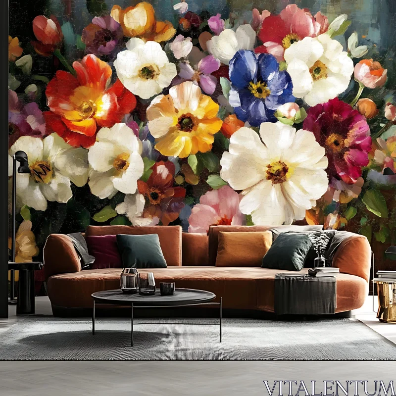 AI ART Living Room with Floral Painting Backdrop