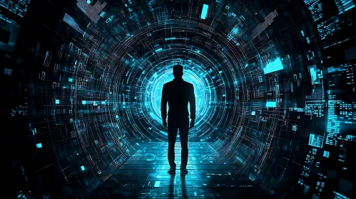 Man in Cyberpunk Data Tunnel