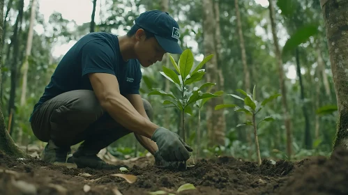 Man Planting Tree in Forest