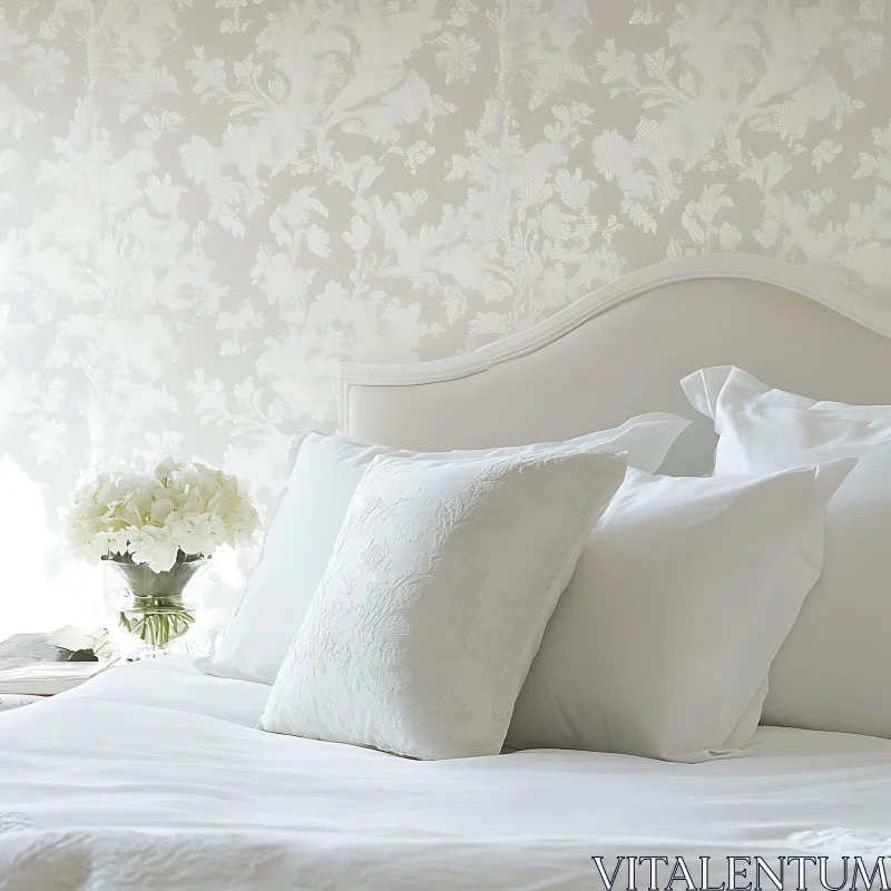 Serene Bedroom with Floral Wallpaper