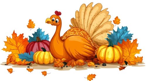 Autumn Harvest Cartoon with Turkey and Pumpkins