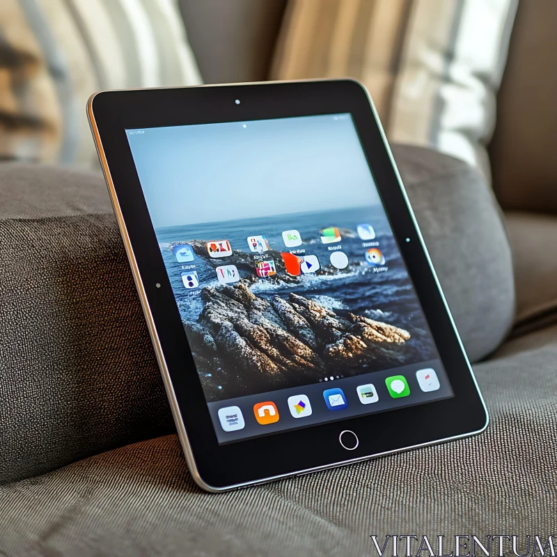 Tablet on Couch with Ocean Wallpaper