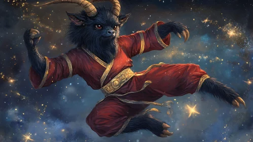Celestial Goat Leaping Through Starry Skies