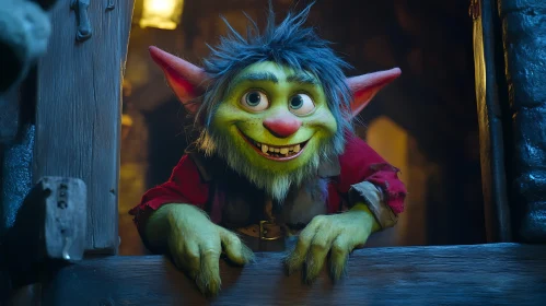 Green Troll Smiling from Window