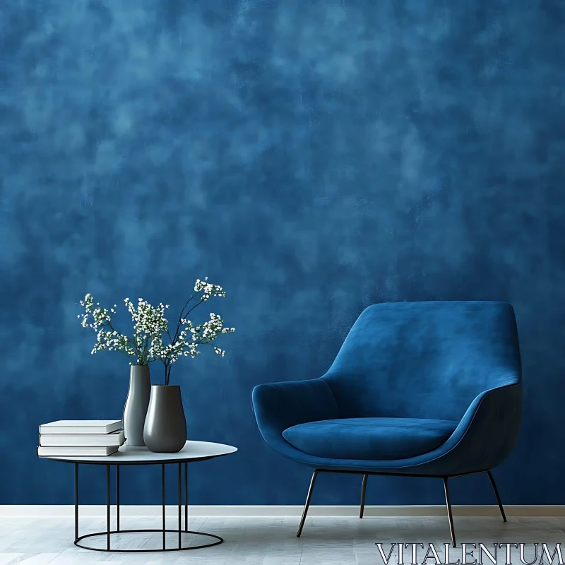 AI ART Modern Blue Interior with Velvet Armchair