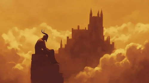 Horned Figure Gazing at Fortress in the Clouds