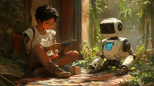 A Boy Reading with Robot Friend