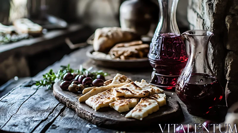 Mediterranean Still Life with Wine and Cheese