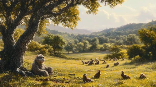 Idyllic Meadow with Resting Monkey